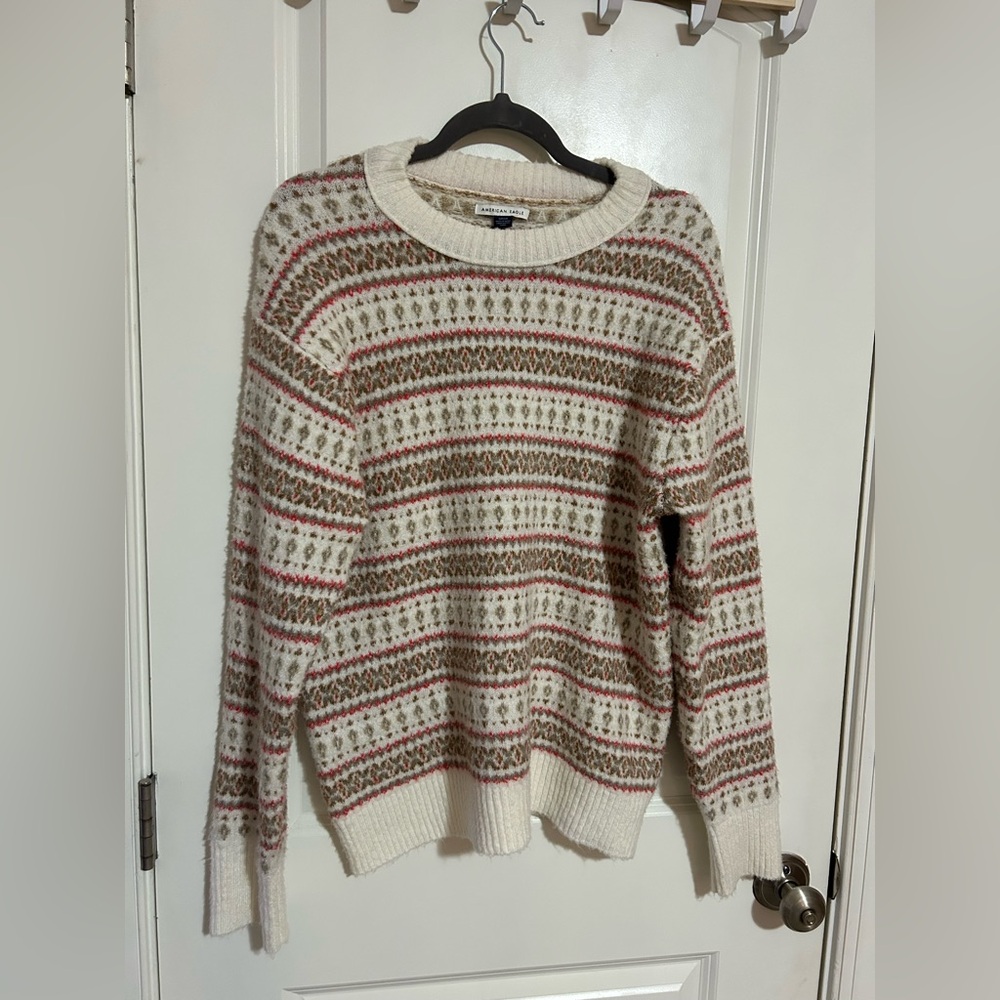 American Eagle Outfitters Cream and Red Patterned Sweater